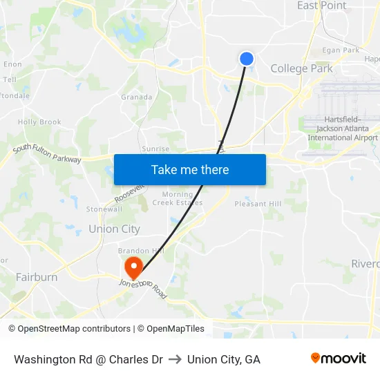 Washington Rd @ Charles Dr to Union City, GA map