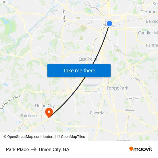 Park Place to Union City, GA map