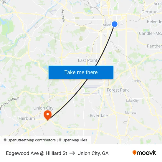 Edgewood Ave @ Hilliard St to Union City, GA map