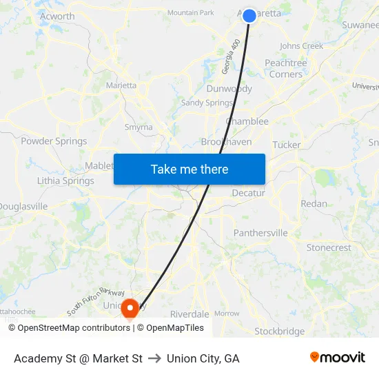 Academy St @ Market St to Union City, GA map