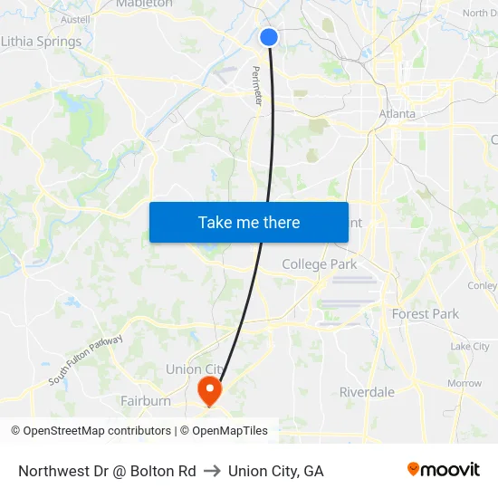 Northwest Dr @ Bolton Rd to Union City, GA map