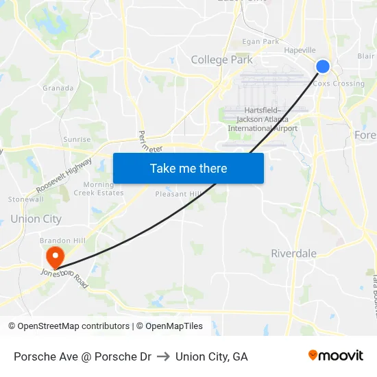 Porsche Ave @ Porsche Dr to Union City, GA map