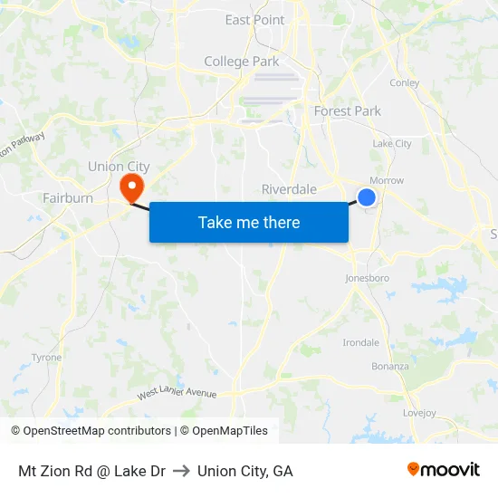 Mt Zion Rd @ Lake Dr to Union City, GA map