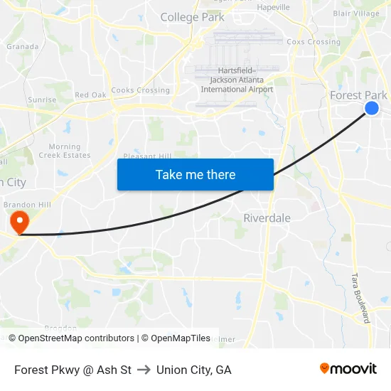 Forest Pkwy @ Ash St to Union City, GA map