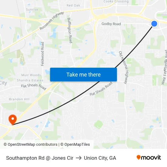 Southampton Rd @ Jones Cir to Union City, GA map