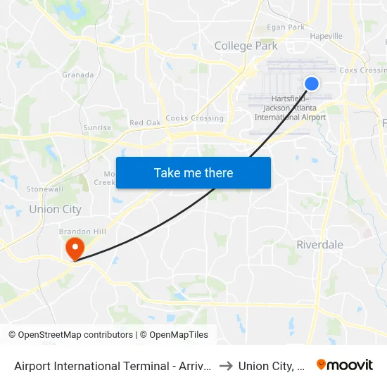 Airport International Terminal - Arrivals to Union City, GA map