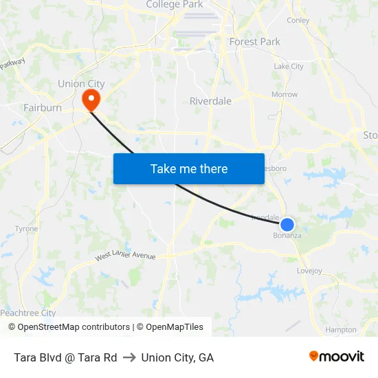 Tara Blvd @ Tara Rd to Union City, GA map