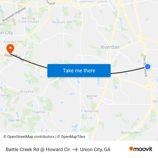 Battle Creek Rd @ Howard Cir to Union City, GA map