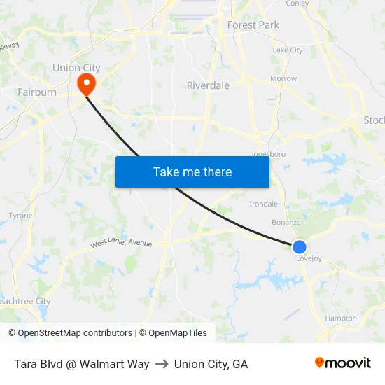 Tara Blvd @ Walmart Way to Union City, GA map