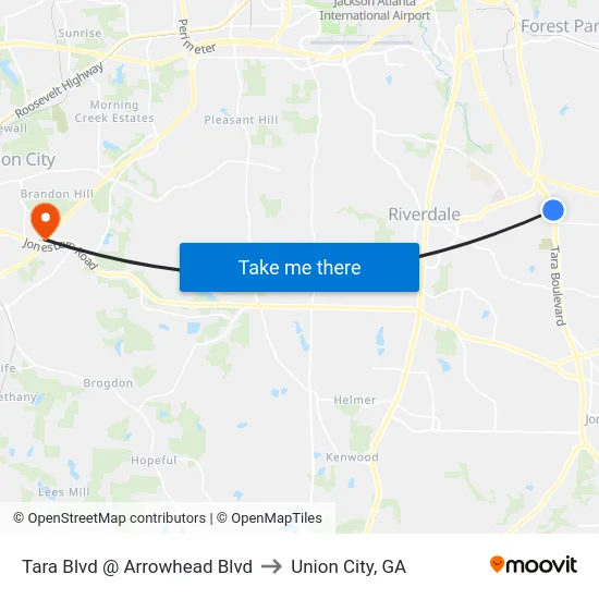 Tara Blvd @ Arrowhead Blvd to Union City, GA map