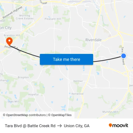 Tara Blvd @ Battle Creek Rd to Union City, GA map