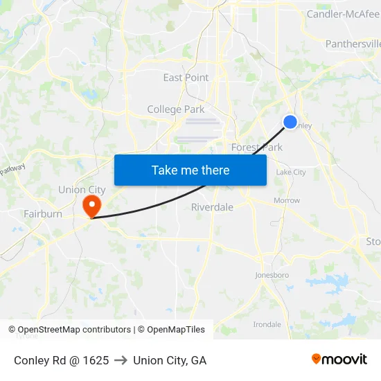 Conley Rd @ 1625 to Union City, GA map