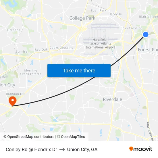 Conley Rd @ Hendrix Dr to Union City, GA map