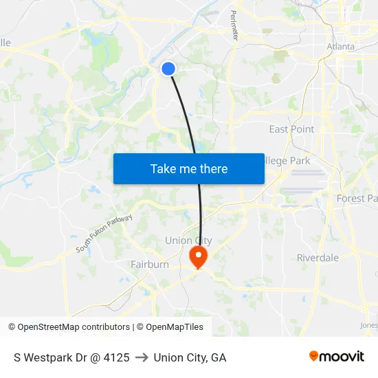 S Westpark Dr @ 4125 to Union City, GA map