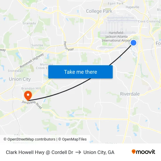 Clark Howell Hwy @ Cordell Dr to Union City, GA map