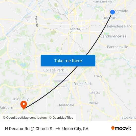N Decatur Rd @ Church St to Union City, GA map