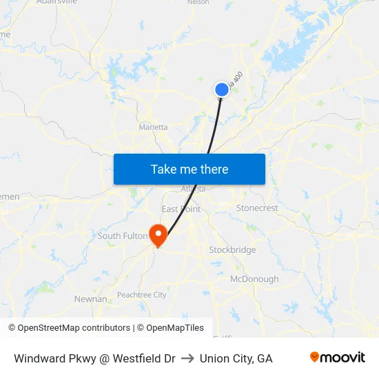 Windward Pkwy @ Westfield Dr to Union City, GA map