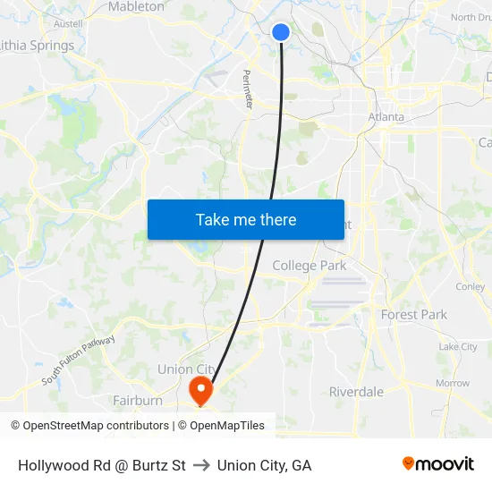 Hollywood Rd @ Burtz St to Union City, GA map