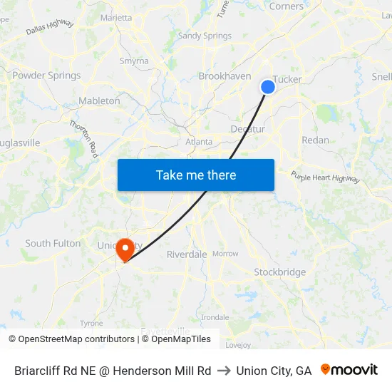 Briarcliff Rd NE @ Henderson Mill Rd to Union City, GA map