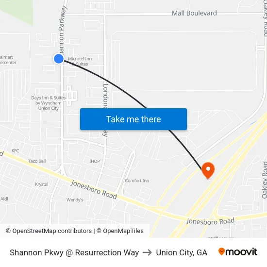 Shannon Pkwy @ Resurrection Way to Union City, GA map