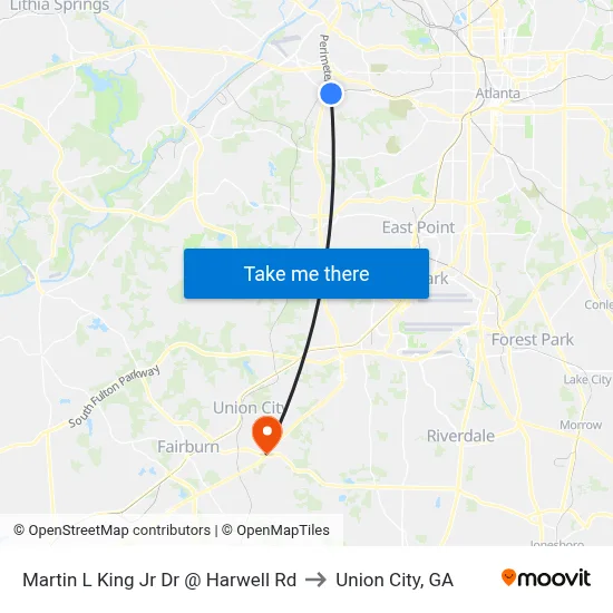 Martin L King Jr Dr @ Harwell Rd to Union City, GA map