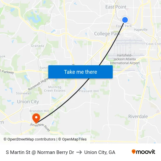 S Martin St @ Norman Berry Dr to Union City, GA map
