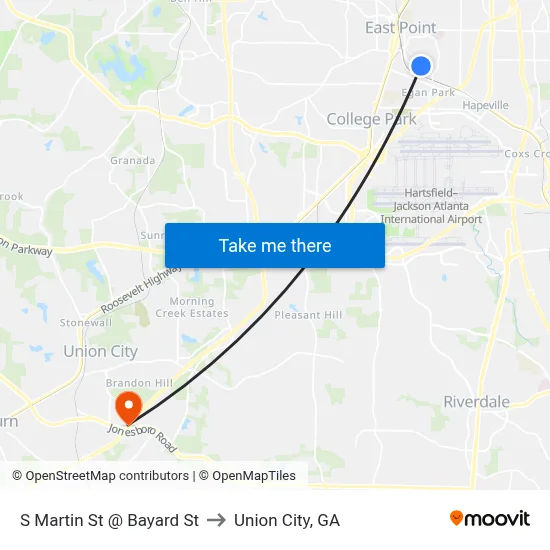 S Martin St @ Bayard St to Union City, GA map