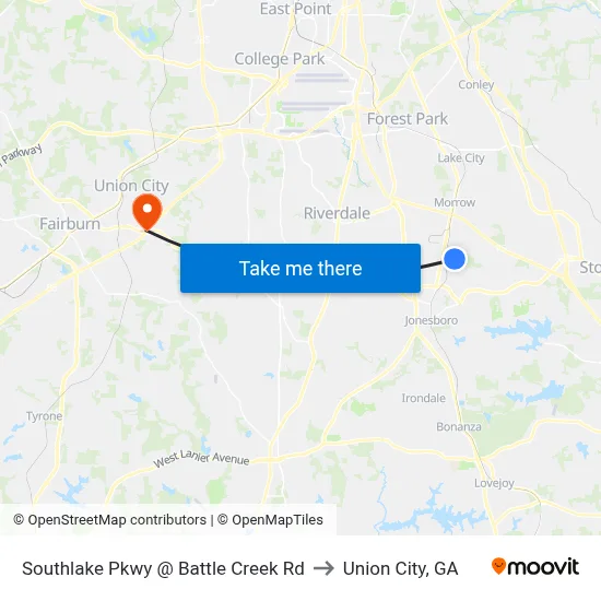 Southlake Pkwy @ Battle Creek Rd to Union City, GA map