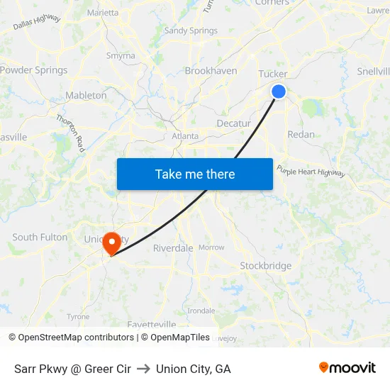 Sarr Pkwy @ Greer Cir to Union City, GA map