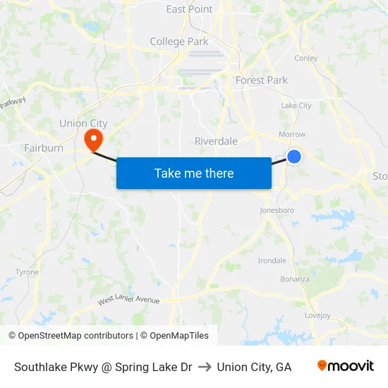 Southlake Pkwy @ Spring Lake Dr to Union City, GA map