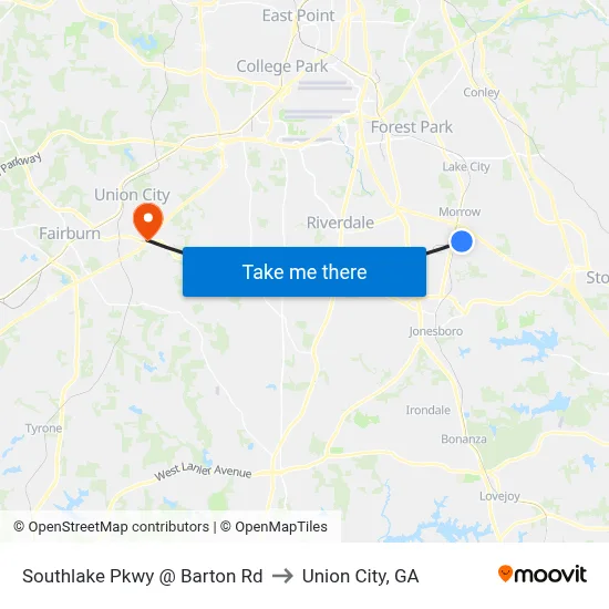 Southlake Pkwy @ Barton Rd to Union City, GA map