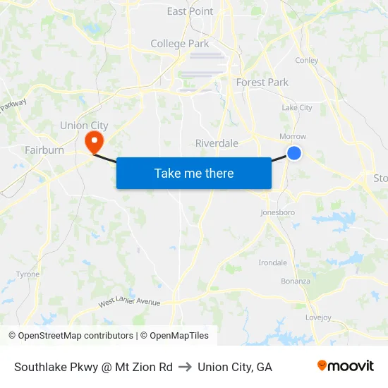 Southlake Pkwy @ Mt Zion Rd to Union City, GA map