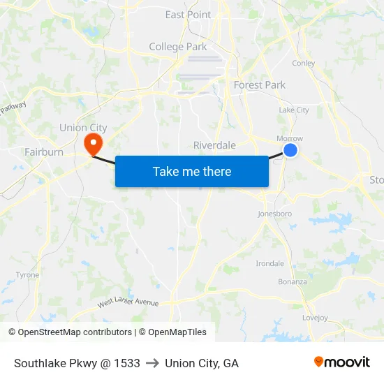 Southlake Pkwy @ 1533 to Union City, GA map