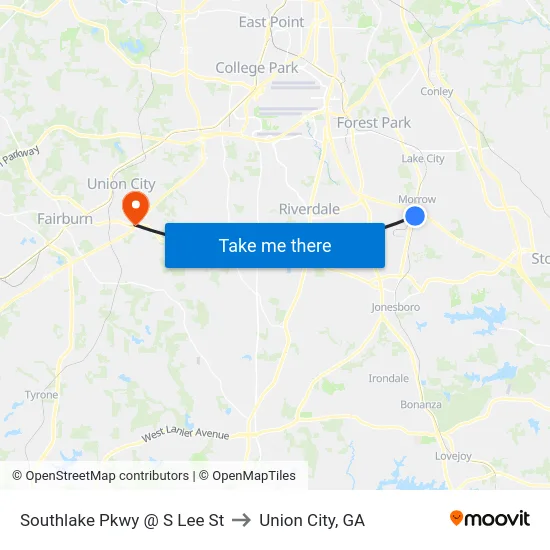 Southlake Pkwy @ S Lee St to Union City, GA map