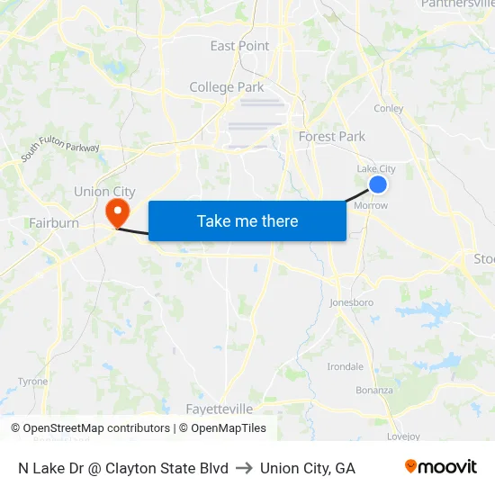 N Lake Dr @ Clayton State Blvd to Union City, GA map