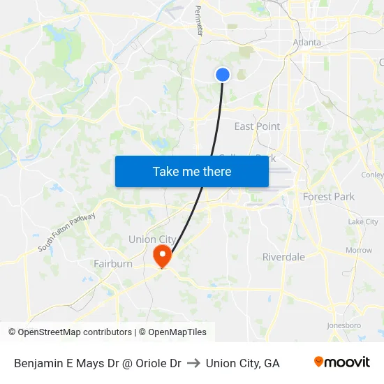 Benjamin E Mays Dr @ Oriole Dr to Union City, GA map