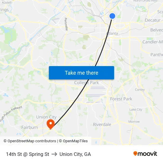 14th St @ Spring St to Union City, GA map