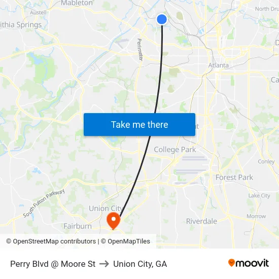Perry Blvd @ Moore St to Union City, GA map