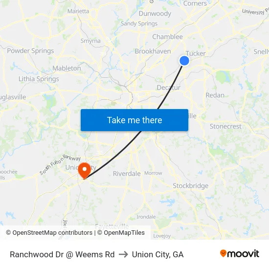 Ranchwood Dr @ Weems Rd to Union City, GA map