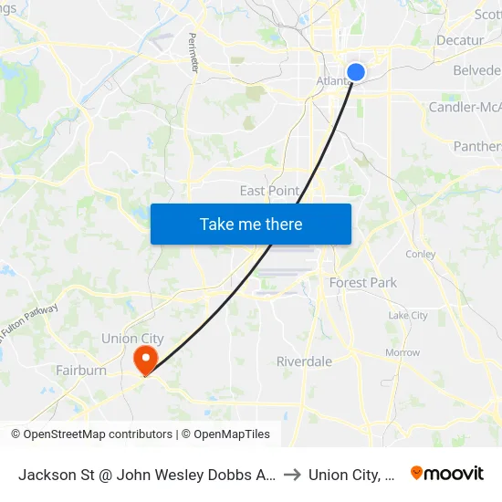 Jackson St @ John Wesley Dobbs Ave to Union City, GA map