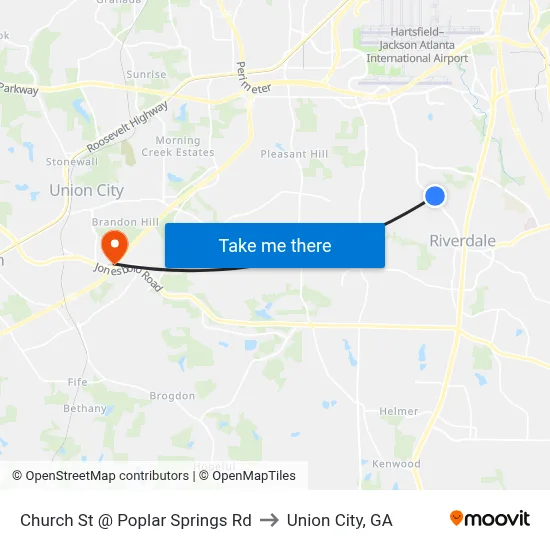 Church St @ Poplar Springs Rd to Union City, GA map
