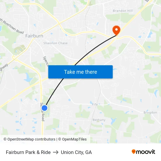 Fairburn Park & Ride to Union City, GA map