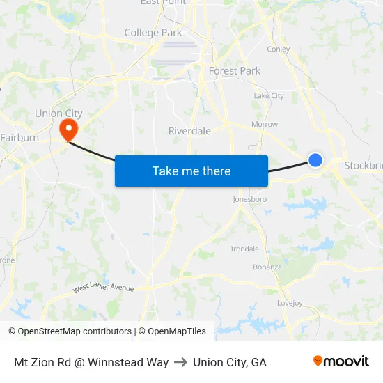 Mt Zion Rd @ Winnstead Way to Union City, GA map