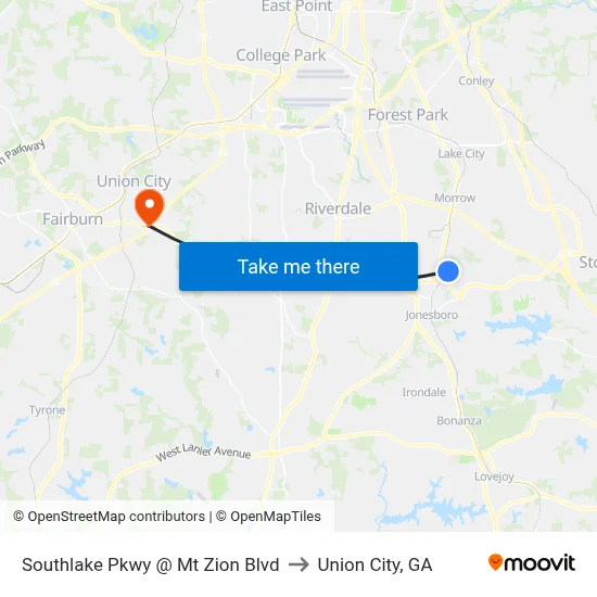Southlake Pkwy @ Mt Zion Blvd to Union City, GA map