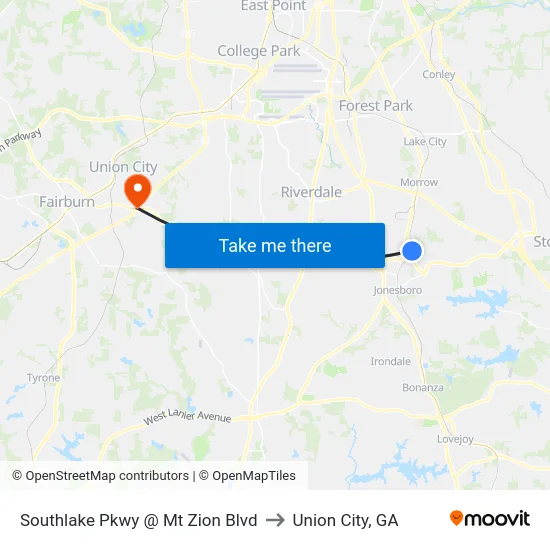 Southlake Pkwy @ Mt Zion Blvd to Union City, GA map