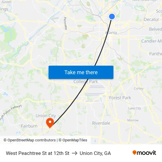 West Peachtree St at 12th St to Union City, GA map
