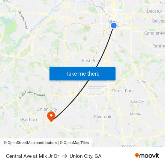 Central Ave at Mlk Jr Dr to Union City, GA map