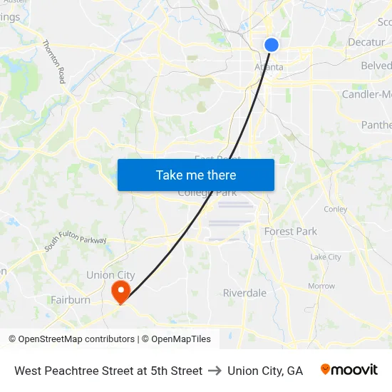 West Peachtree Street at 5th Street to Union City, GA map