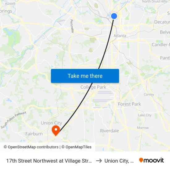 17th Street Northwest at Village Street to Union City, GA map