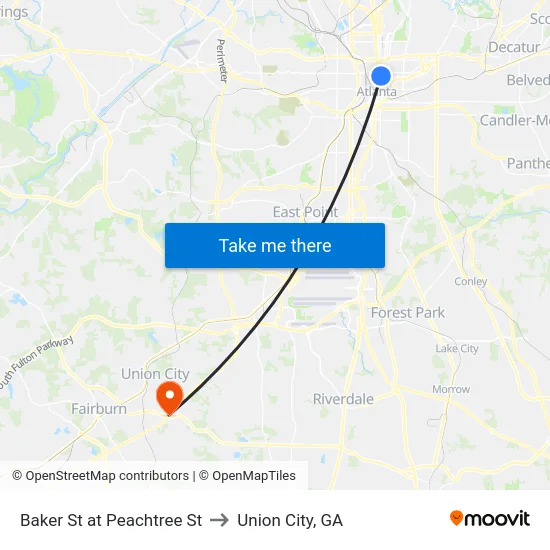 Baker St at Peachtree St to Union City, GA map